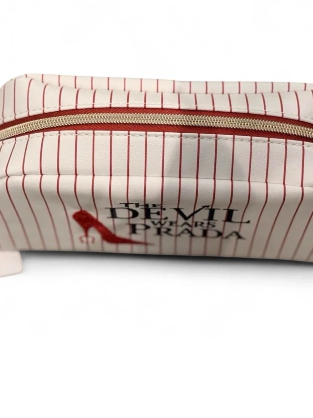 Prada White Cosmetic Pouch with Red Pinstripes and Embroidered Logo